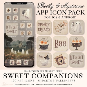 May include: A digital app icon pack featuring a ghostly and mysterious theme for iOS and Android. The set includes icons with illustrations of ghosts, pumpkins, and autumn foliage in a beige color palette, with text reading Ghostly & Mysterious.