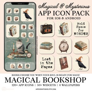 May include: A digital app icon pack featuring a smartphone screen display and individual square icons with illustrations of books, a cat, a crow in a witch hat, a clock, and text including Hold Space for WONDER and Lost in the Pages.