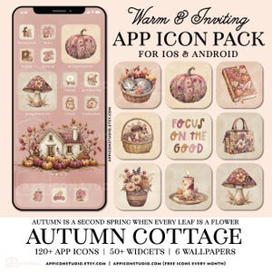 Iconos de aplicaciones estilo Cottagecore otoñal / Renovación de la pantalla de inicio del iPhone iOS 26 / Widgets de otoño, fondos de pantalla, estética acuarela rosa y beige, regalo, 241001