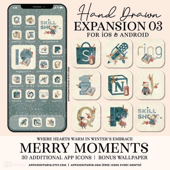 Christmas Wallpaper Phone Custom App Cover Apple iPhone Download App Icons Aesthetic iOS Icon Set Classic Holiday Theme Beige Blue, 241203e3