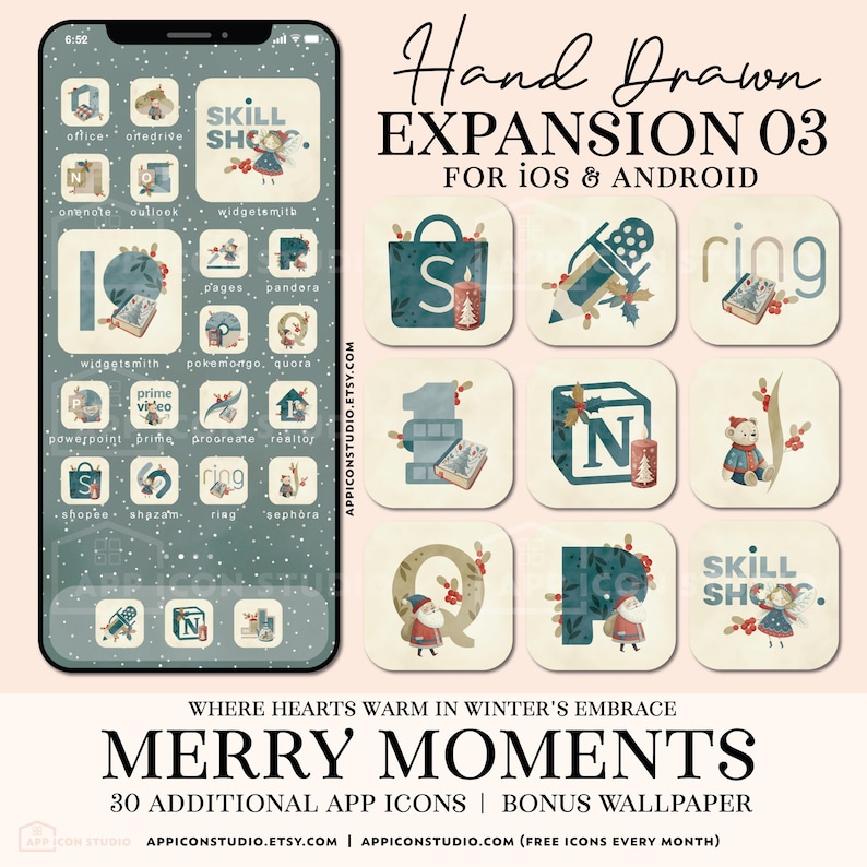 Christmas Wallpaper Phone Custom App Cover Apple iPhone Download App Icons Aesthetic iOS Icon Set Classic Holiday Theme Beige Blue Snow Home Screen Winter Background Mobile Device, by App Icon Studio, by AppIconStudio