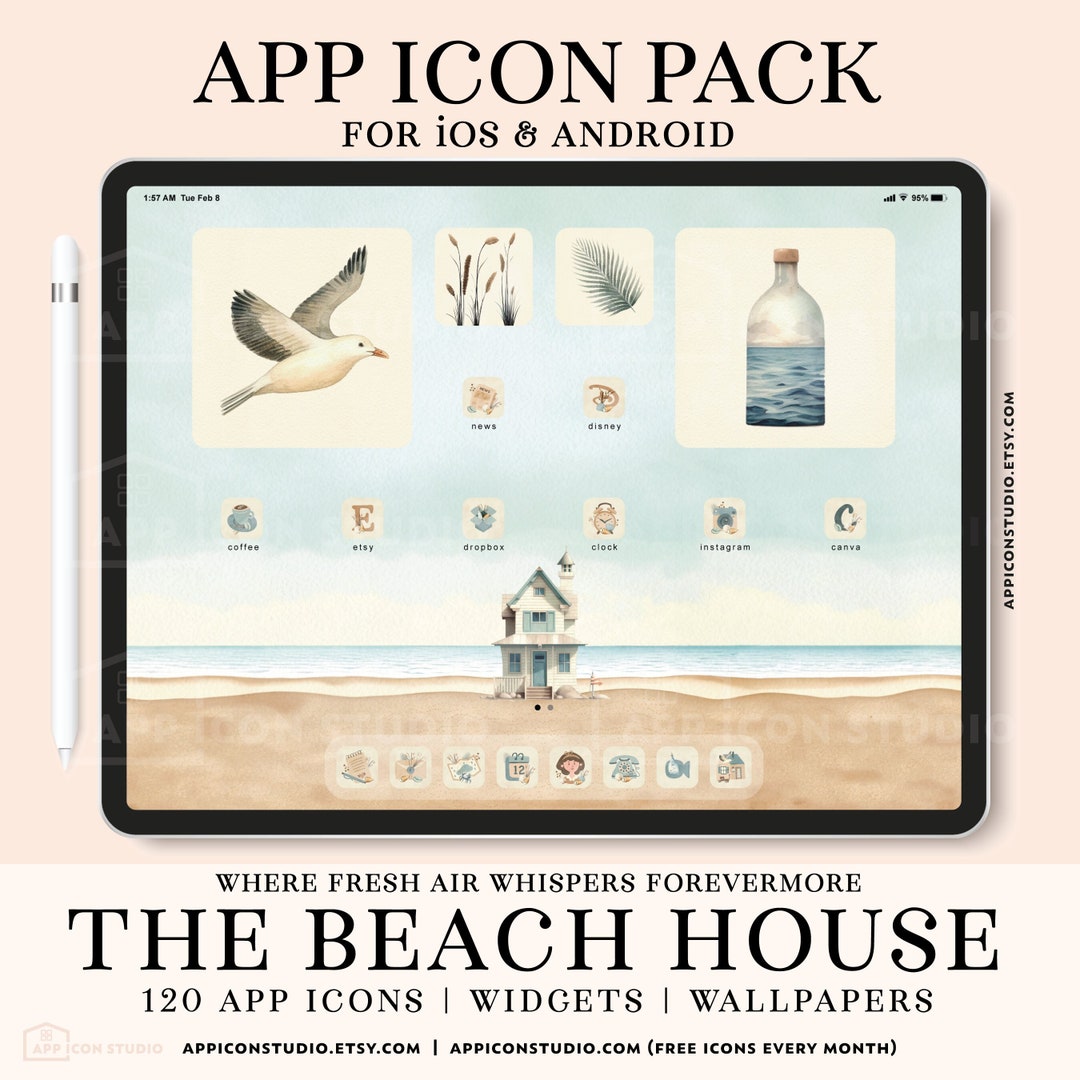 Watercolor Beach App Icon Set for iPad and Android Tablets, Icon Bundle