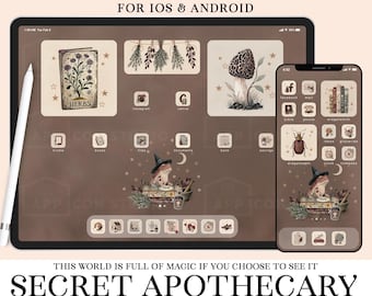 May include: A digital app icon pack for iOS and Android titled Secret Apothecary, featuring a tablet and smartphone display with brown-toned icons, widgets, and wallpapers depicting herbs, mushrooms, and a toad wearing a witch hat.