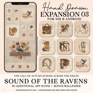 May include: A set of 30 hand-drawn app icons with an autumn theme. The icons feature a variety of fall elements, including ravens, pumpkins, sunflowers, and leaves. The icons are designed for use on iOS and Android devices. The text "Sound of the Ravens" is displayed at the bottom of the image.