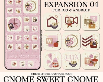 Paquete adicional Gnome Sweet Gnome, iconos acogedores para la pantalla de inicio de finales de verano, tema beige y rosa de principios de otoño, expansión del conjunto de iconos, 260804e4