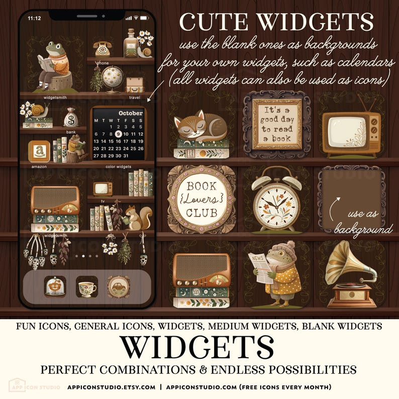 Bookshelf iPhone Theme Bookshelves Wallpaper iOS Book Background Dark Library Academia App Icons Book Club Phone Gift for Reader Bookish Home Screen Dark Bookshelf Goblincore Cozy Autumn Wallpaper Shelf Background iOS 18 by App Icon Studio, by AppIconStudio