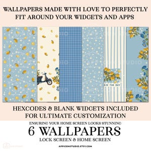 May include: Six digital wallpapers for mobile devices featuring lemon, floral, and grid patterns in blue, cream, and white. Text includes WALLPAPERS MADE WITH LOVE TO PERFECTLY FIT AROUND YOUR WIDGETS AND APPS, HEXCODES & BLANK WIDGETS, and 6 WALLPAPERS.