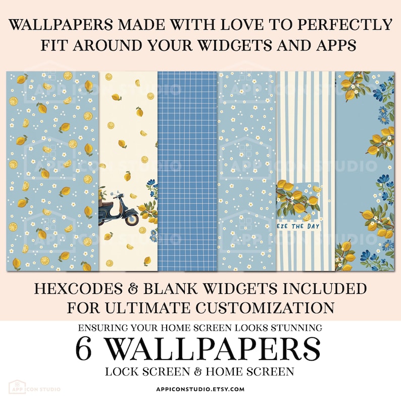 May include: Six digital wallpapers for mobile devices featuring lemon, floral, and grid patterns in blue, cream, and white. Text includes WALLPAPERS MADE WITH LOVE TO PERFECTLY FIT AROUND YOUR WIDGETS AND APPS, HEXCODES & BLANK WIDGETS, and 6 WALLPAPERS.
