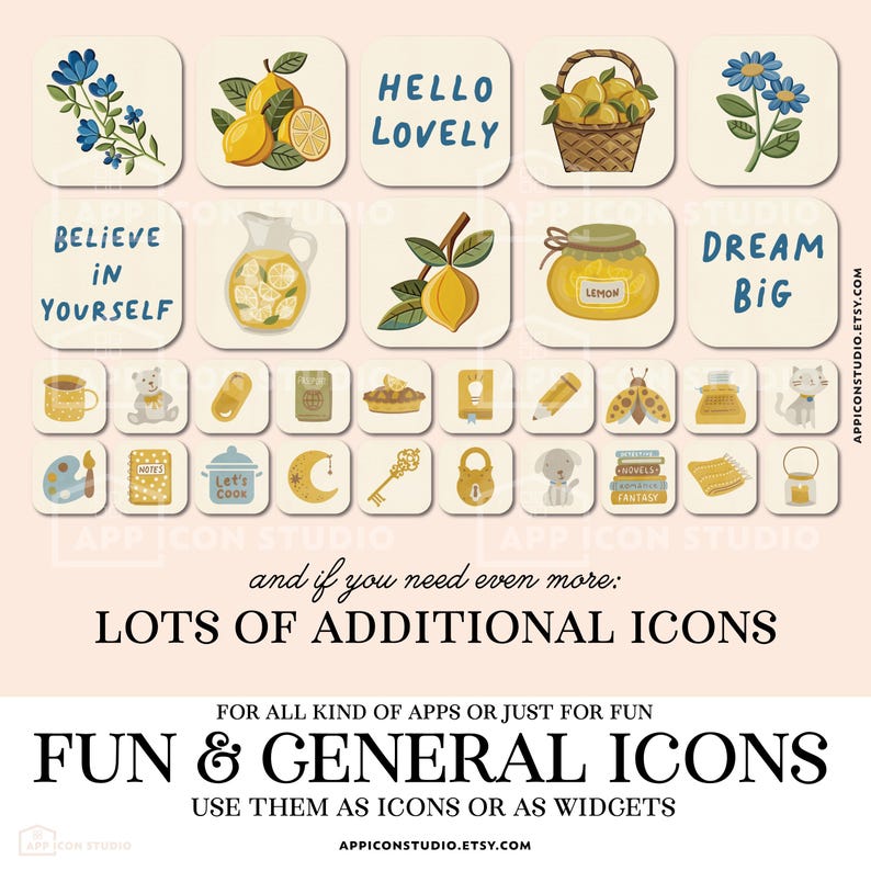 May include: A collection of square digital icons featuring illustrations of blue flowers, lemons, a basket, a pitcher, a jar, a teddy bear, a pencil, a moon, a key, a lock, and books. Text includes HELLO LOVELY, BELIEVE IN YOURSELF, and DREAM BIG.