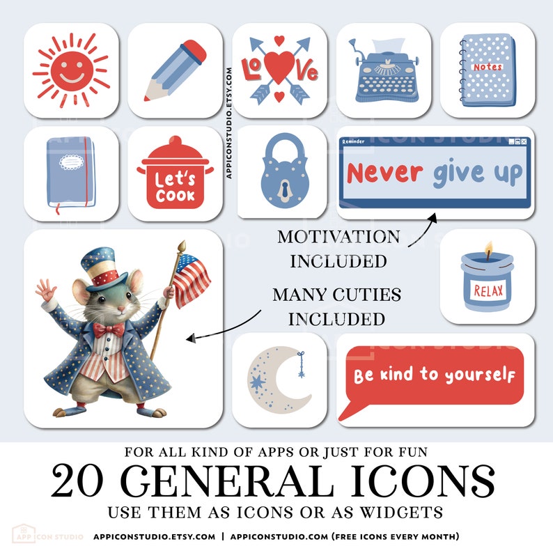 App Icons 4th of July iOS 17 Icon Bundle Independence Day Widgets and Wallpapers Red and Blue Patriotic Aesthetic Backgrounds