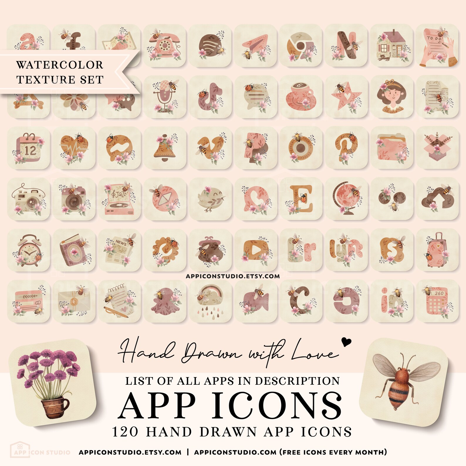 Summer Aesthetic iPhone Watercolor App Icons With Bees and Flowers, Ios ...