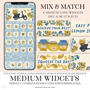 May include: A digital set of smartphone app icons and medium widgets featuring a lemon and floral theme. The design includes illustrations of scooters, jars of lemon curd, and text such as ACHIEVE YOUR BEST and SQUEEZE THE DAY on a light background.