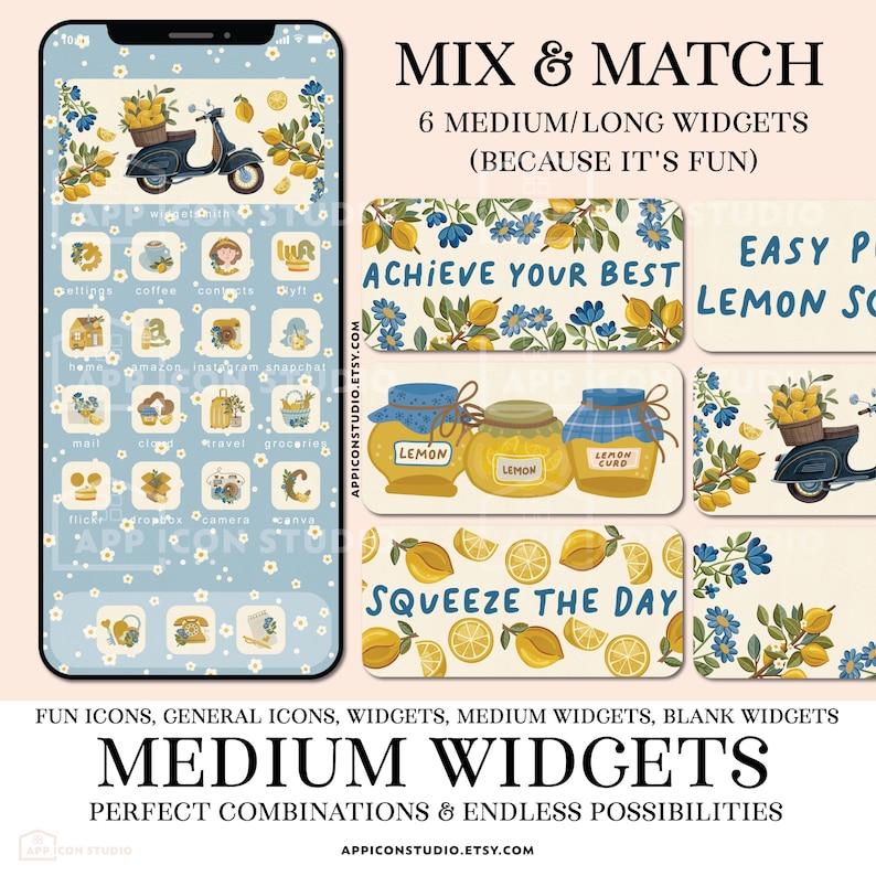 May include: A digital set of smartphone app icons and medium widgets featuring a lemon and floral theme. The design includes illustrations of scooters, jars of lemon curd, and text such as ACHIEVE YOUR BEST and SQUEEZE THE DAY on a light background.