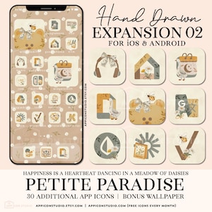 May include: A set of 30 hand-drawn app icons in a pastel colour palette with a daisy and bear theme. The icons are designed for iOS and Android devices. The text "Hand Drawn Expansion 02" and "Petite Paradise" are included in the image.