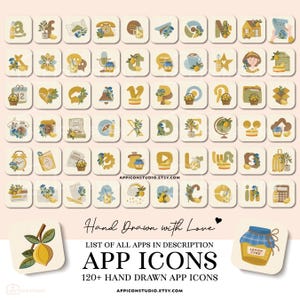 May include: A collection of digital app icons featuring hand-drawn illustrations of lemons, blue flowers, and foliage on a cream background. The icons include various symbols and letters, with text reading Hand Drawn with Love, APP ICONS, and 120+ HAND DRAWN APP ICONS, plus the URL APPICONSTUDIO.ETSY.COM.