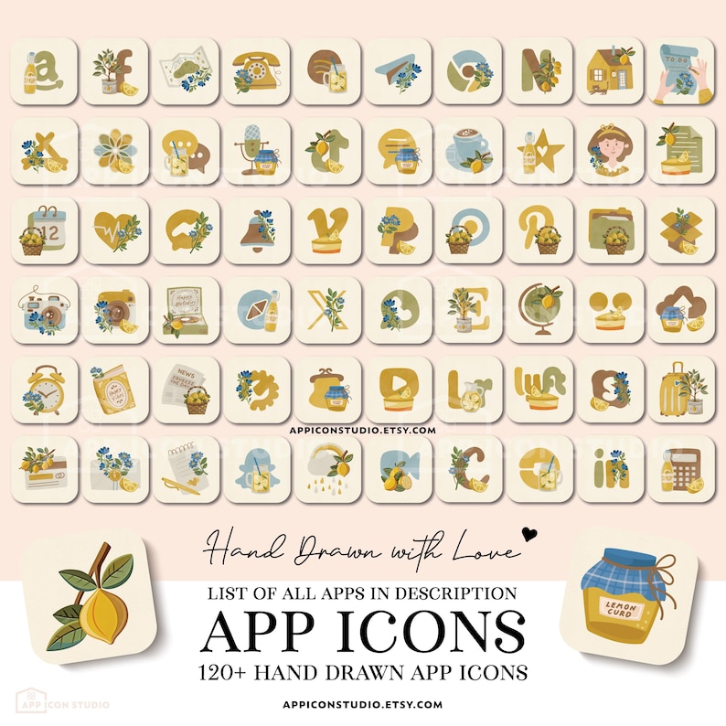 May include: A collection of digital app icons featuring hand-drawn illustrations of lemons, blue flowers, and foliage on a cream background. The icons include various symbols and letters, with text reading Hand Drawn with Love, APP ICONS, and 120+ HAND DRAWN APP ICONS, plus the URL APPICONSTUDIO.ETSY.COM.