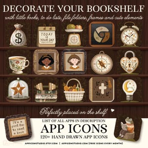 Bookshelf iPhone Theme Bookshelves Wallpaper iOS Book Background Dark Library Academia App Icons Book Club Phone Gift for Reader Bookish Home Screen Dark Bookshelf Goblincore Cozy Autumn Wallpaper Shelf Background iOS 18 by App Icon Studio, by AppIconStudio