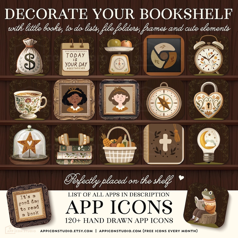 Bookshelf iPhone Theme Bookshelves Wallpaper iOS Book Background Dark Library Academia App Icons Book Club Phone Gift for Reader Bookish Home Screen Dark Bookshelf Goblincore Cozy Autumn Wallpaper Shelf Background iOS 18 by App Icon Studio, by AppIconStudio