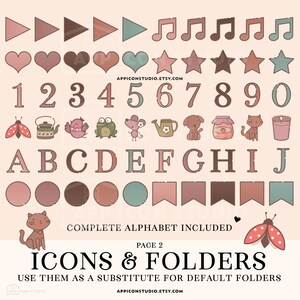 May include: A set of colorful icons and folders for use as substitutes for default folders. The icons include numbers, letters, musical notes, hearts, stars, and various animals. The text "Complete Alphabet Included" and "Page 2" are also included.