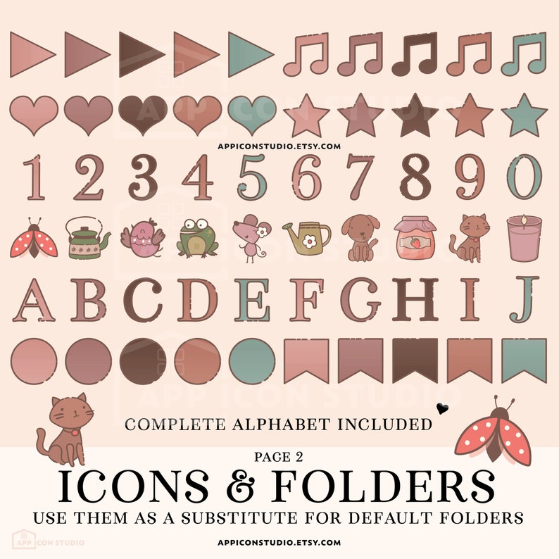 May include: A set of colorful icons and folders for use as substitutes for default folders. The icons include numbers, letters, musical notes, hearts, stars, and various animals. The text "Complete Alphabet Included" and "Page 2" are also included.