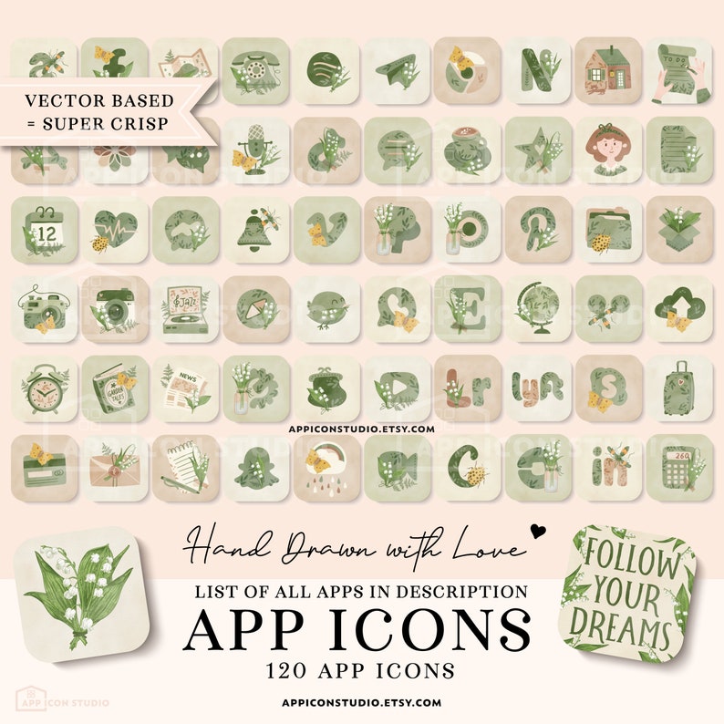 This Green Flowers App Icon Pack comes with Icons, Widgets and Wallpapers. Use it to customize your Home Screen and to create a whole new look of your device. An easy to understand Installation Guide with Images is included.