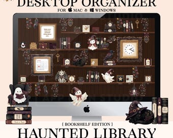 Organizador de escritorio de biblioteca embrujada, iconos de carpetas de estantería gótica y fondo de pantalla para Mac y Windows, estética Poetcore de Halloween, 251008bkc