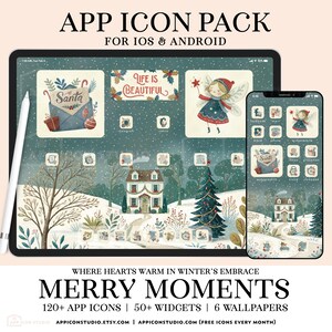 May include: A digital illustration of a winter scene with a house, a Christmas tree, and a snowy landscape. The illustration is used as a background for a set of app icons for iOS and Android. The text "Merry Moments" is displayed at the bottom of the image, along with the text "120+ App Icons | 50+ Widgets | 6 Wallpapers".