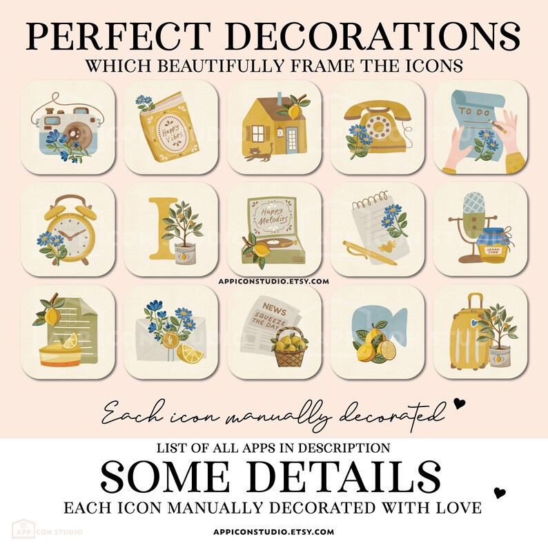 May include: A set of fifteen square app icons featuring illustrations of cameras, houses, telephones, alarm clocks, plants, record players, microphones, suitcases, and lemons, with the text PERFECT DECORATIONS and APPICONSTUDIO.ETSY.COM.