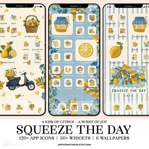 May include: Three smartphone screens displaying custom app icons, widgets, and wallpapers featuring lemon, floral, and scooter illustrations. The text SQUEEZE THE DAY is visible on the right screen. The set includes 120+ app icons, 50+ widgets, and 6 wallpapers.