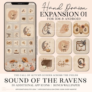 May include: A set of 30 hand-drawn app icons in an autumn theme. The icons are in a square format and feature various fall-themed elements like pumpkins, leaves, and sunflowers. The text "Hand Drawn Expansion 01 for iOS & Android" is at the top of the image. The text "Sound of the Ravens" is at the bottom of the image. The text "The Call of Autumn Echoes Across the Fields" is above the text "Sound of the Ravens".