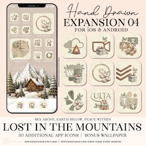 Puede incluir: Un conjunto de 30 iconos de aplicaciones dibujados a mano con un tema de montaña invernal. Los iconos son de formato cuadrado con un fondo beige y presentan diversas ilustraciones, incluyendo una cabaña, una fogata, un regalo y un par de botas. El texto "Lost in the Mountains" está en la parte inferior de la imagen, junto con el texto "Hand Drawn Expansion 04 for iOS & Android".