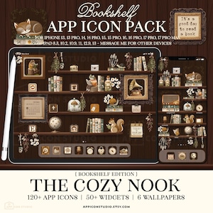 May include: A digital app icon pack titled Bookshelf featuring a dark wood shelf theme with illustrations of animals, plants, and books. Includes 120+ icons, 50+ widgets, and 6 wallpapers for iPhone and iPad devices with a stylus shown on the left.