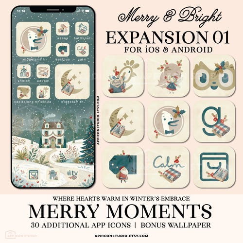 Pack d'icônes d'application de Noël, ensemble d'extension pour fond d'écran esthétique « Moments joyeux » pour iPhone, thème aquarelle des fêtes, 241203e1