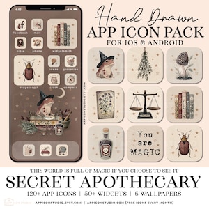 May include: A digital art design showcasing a phone screen with app icons and widgets, and themed icons. The design includes a frog wearing a witch hat, books, and apothecary elements. Text reads "Hand Drawn APP ICON PACK" and "Secret Apothecary".