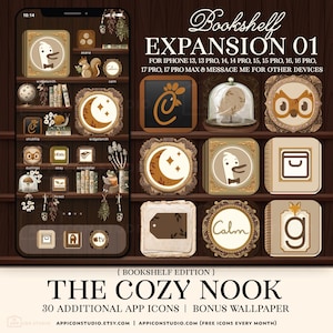 Puede incluir: Un conjunto de iconos de aplicaciones digitales titulado Bookshelf Expansion 01 para iPhone 13, 14, 15, 16, 17. El set presenta iconos en tonos marrones con ilustraciones de patos, lunas, búhos y plantas, mostrados en una pantalla de móvil.