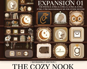 Tema de estantería para iPhone, iconos estéticos de estanterías, paquete de iconos de la aplicación de lectura de iOS, fondo de pantalla acogedor con temática de libros, regalo para lectores, 251008bke1