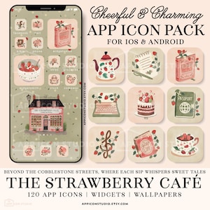 May include: A digital app icon pack featuring strawberry-themed illustrations including a teapot, notebook, recipe book, typewriter, cake, passport, treble clef, and teacup. The set includes 120 icons, widgets, and wallpapers for iOS and Android.