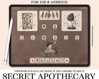 May include: A digital tablet screen displaying an app icon pack with a brown color palette. The interface features illustrations of herbs, mushrooms, and a toad wearing a witch hat. Text includes APP ICON PACK FOR IOS & ANDROID and SECRET APOTHECARY.