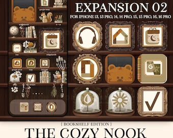 Iconos de estantería para iOS Icono de la aplicación Estanterías Fondo de pantalla estético iPhone Fondo de libro Iconos de lectura Estante de biblioteca oscuro y acogedor, 251008bke2