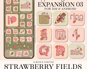Paquete de iconos de la aplicación Strawberry para iPhone y Android. Fondos de pantalla de Strawberry. Lindo fondo de pantalla para teléfono. Iconos iOS personalizados con estética rosa. 210409e3