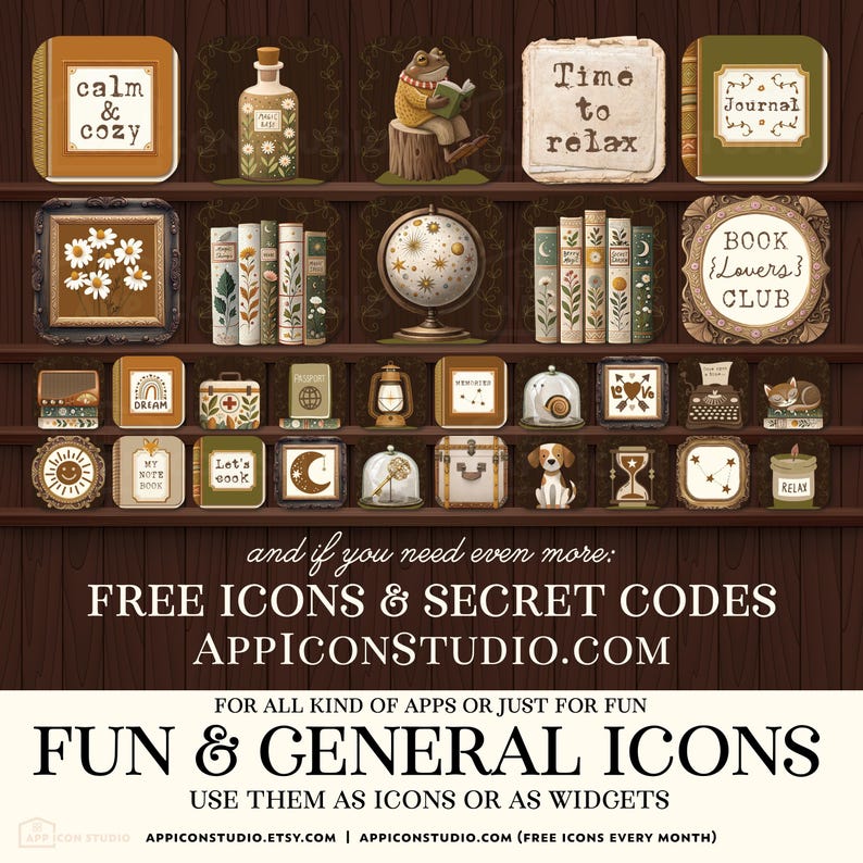 Bookshelf iPhone Theme Bookshelves Wallpaper iOS Book Background Dark Library Academia App Icons Book Club Phone Gift for Reader Bookish Home Screen Dark Bookshelf Goblincore Cozy Autumn Wallpaper Shelf Background iOS 18 by App Icon Studio, by AppIconStudio