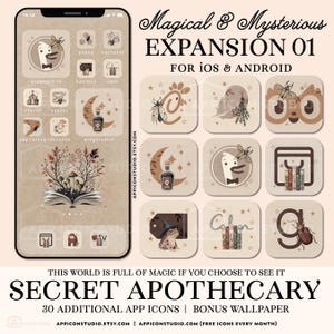 Może przedstawiać: Cyfrowy zestaw ikon aplikacji i tapeta zatytułowana Magical & Mysterious EXPANSION 01 FOR IOS & ANDROID oraz SECRET APOTHECARY. Ikony przedstawiają beżowe i brązowe ilustracje owadów, książek, mikstur, kaczki i ropuchy na ekranie smartfona.