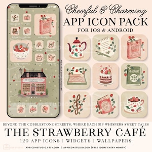 May include: A digital app icon pack featuring strawberry-themed illustrations including a teapot, notebook, recipe book, typewriter, cake, passport, musical note, and teacup. The set includes 120 icons, widgets, and wallpapers for iOS and Android.