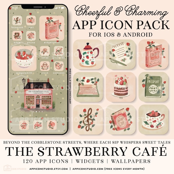 Strawberry Watercolor App Icons for iPhone | Pink Fruit Aesthetic Home Screen Theme, Widgets & Wallpapers, Self Care Gift, 240102