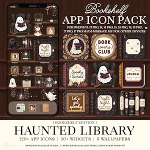 May include: A digital app icon pack titled Bookshelf Haunted Library featuring over 120 icons, 50 widgets, and 6 wallpapers. The design displays a smartphone screen with a dark wood bookshelf theme, ghost illustrations, and various book-themed icons.