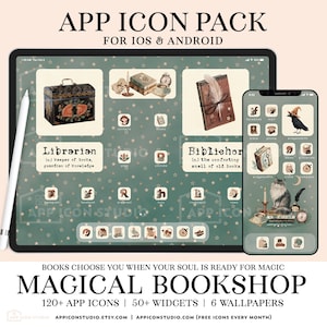 May include: A digital app icon pack for iOS and Android featuring a magical bookshop theme. The display shows a tablet and smartphone with sage green star-patterned backgrounds, custom icons, and widgets depicting books, cats, and candles.