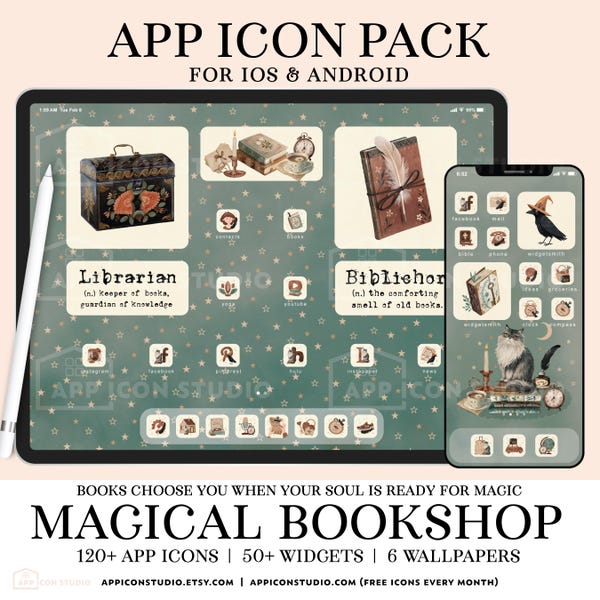 Book Lover App Icon Bundle iPhone and iPad, Bookstagram Aesthetic iOS Widgets Wallpapers Set Cozy Reading Home Screen Theme Tablet, 250805b