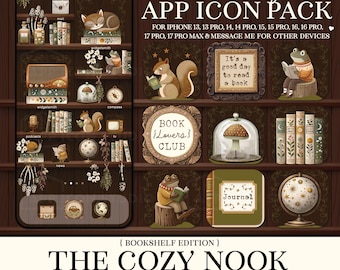 Tema para iPhone "Acogedora estantería": Iconos de aplicaciones y fondo de pantalla de estilo "Dark Academia" (iOS), 251008bk