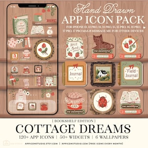 Bücherregal-App-Icons für iPhone, Cottagecore-Arbeitsplatz-Design für iOS 26, Gemütliche Lese-Widgets und Hintergrundbilder, 260303bk
