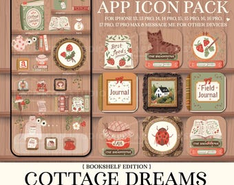 Iconos de la aplicación Cottagecore para iPhone, tema de estantería acogedora, paquete de iconos estéticos para la pantalla de inicio de iOS, 260303bk